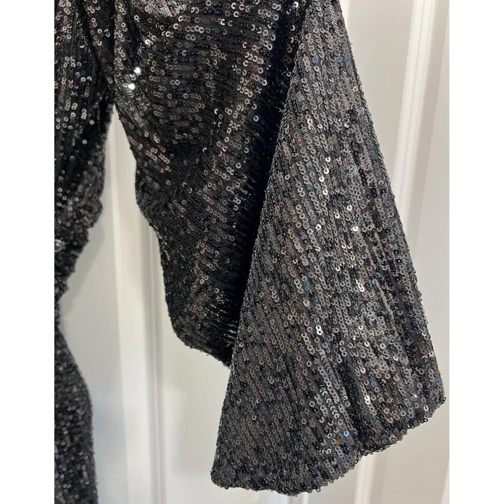 Free People Christa Sequin Long Sleeve Wrap Romper Black Size Lg Party Holiday